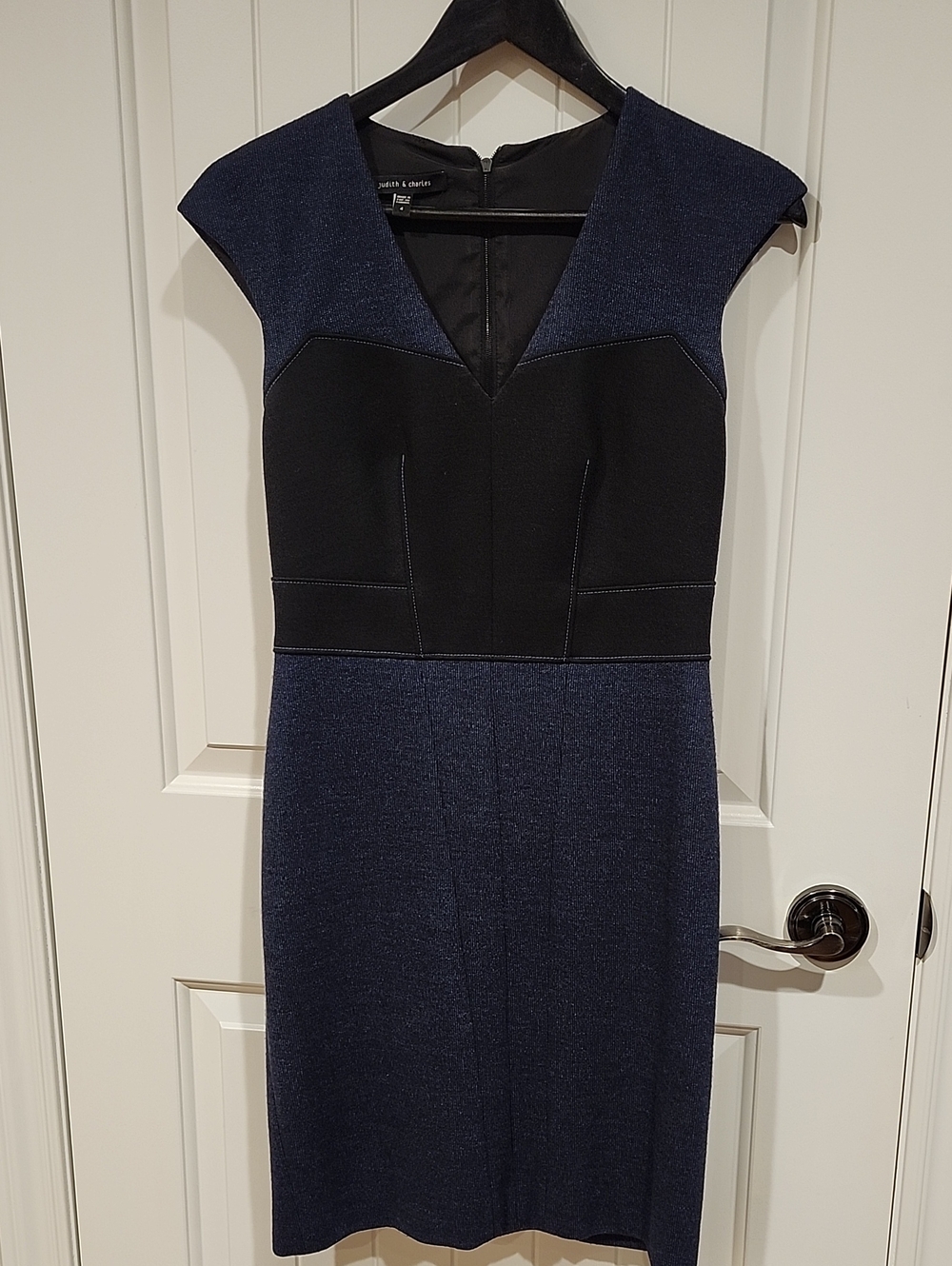 Navy and Black V-Neck Midi Sheath Dress